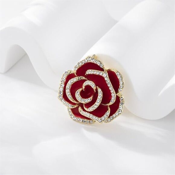 Women's Crystal Rhinestone Red Flower Camellia Pin Brooch Ladies' Fashion Red - Picture 4 of 6